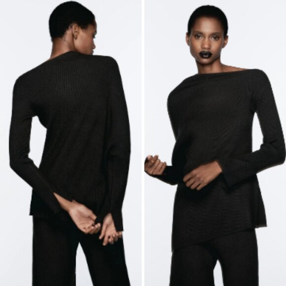 Zara Sweaters - Zara Black Asymmetric Knit Ribbed Long Sweater Size S New